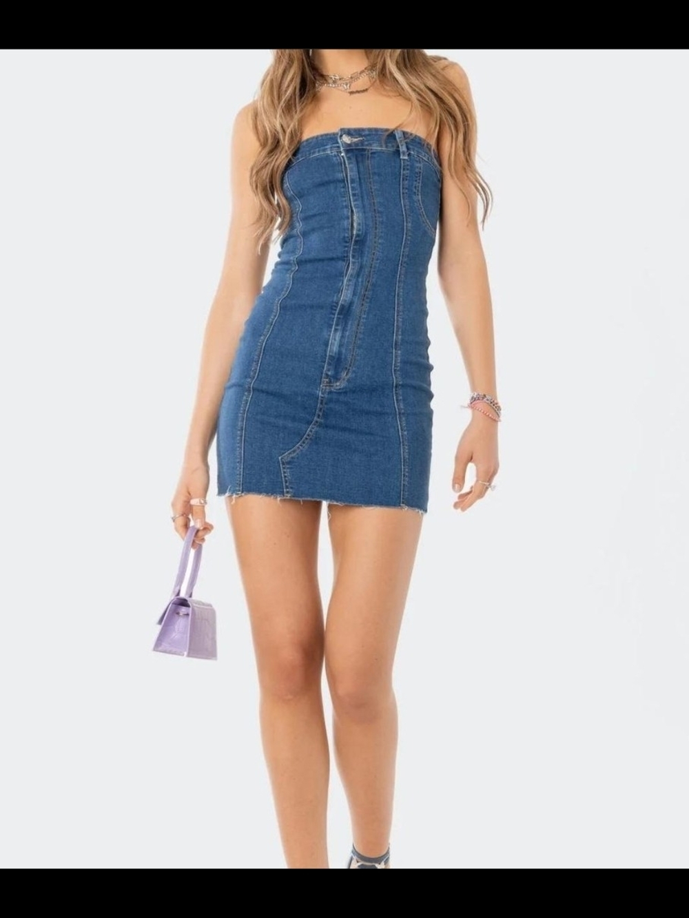 Edikted Blue Strapless Denim Mini Dress